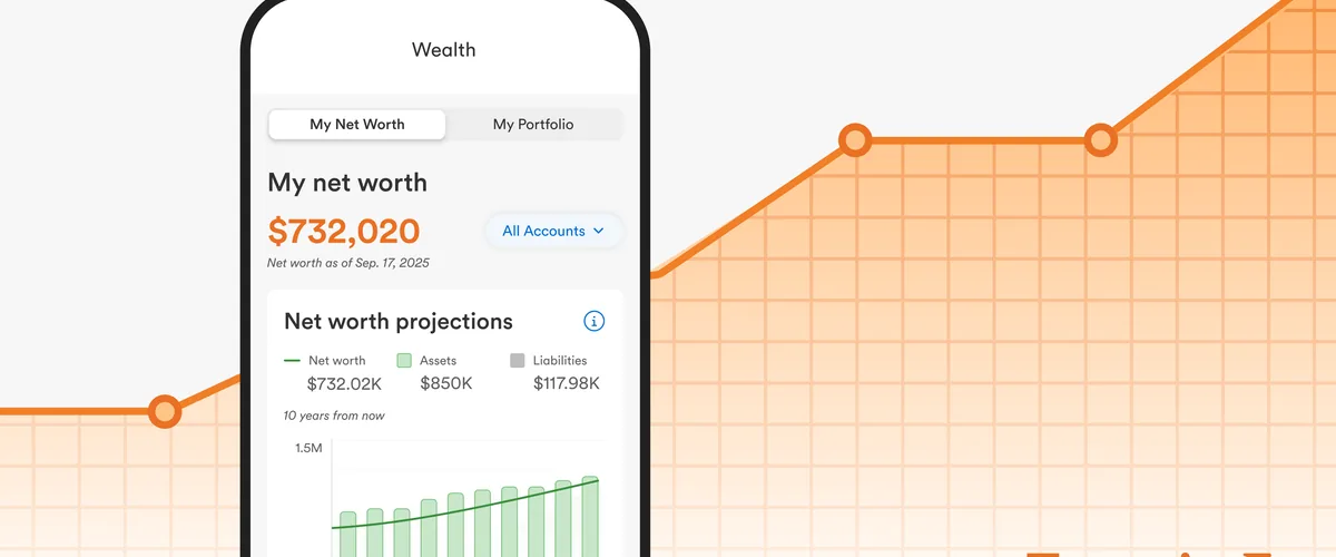 A Tangerine Wealth app mock-up shows net worth, assets and liabilities against an illustrated chart.